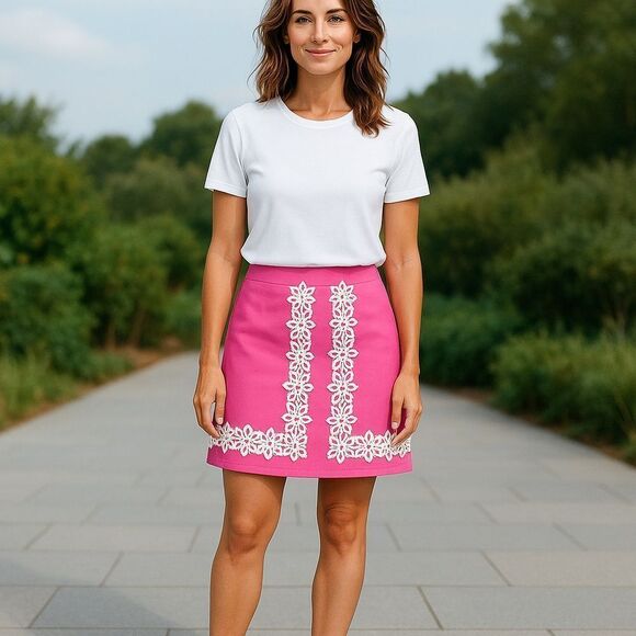 Lily Pulitzer Chic Pink Mini Mara Skirt White Lace Embroidered Womens Size 8 - Picture 9 of 9